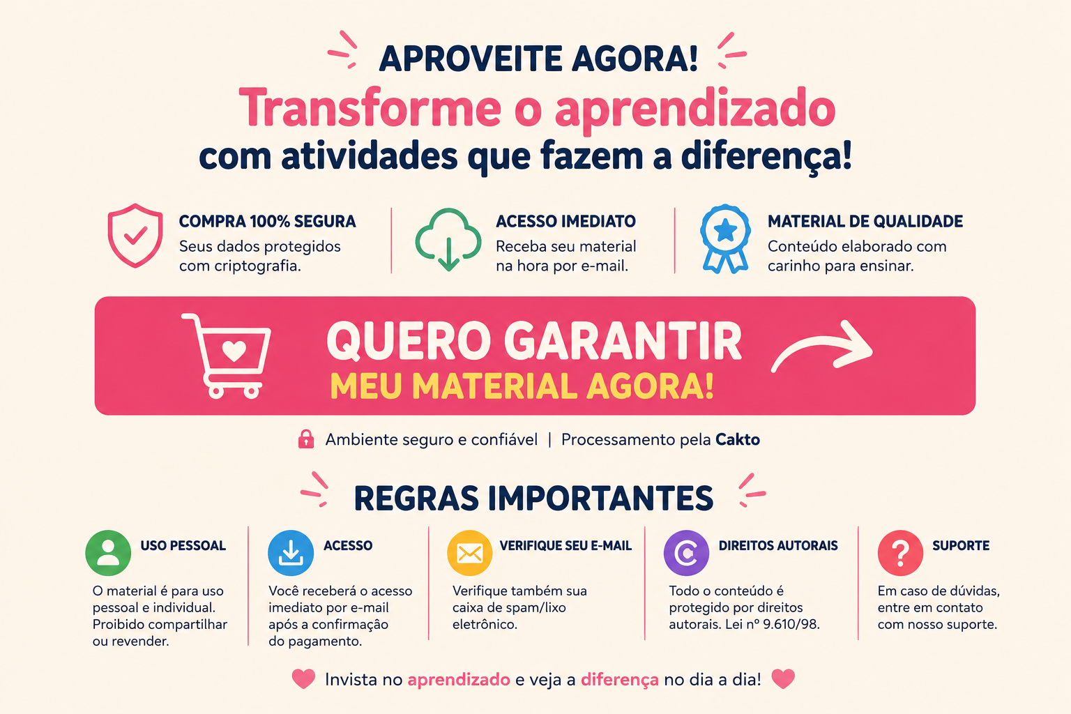 Compra 100% segura, acesso imediato por e-mail e regras importantes de uso